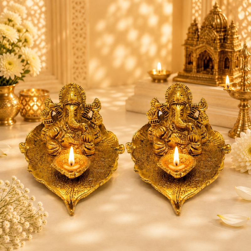 Pure Metal Ganesha Diya | Idol on Leaf | Premium Handcrafted Oil Lamp for Puja, Temple, Office, and Home Décor | Traditional Deepam for Festival, Diwali, and Gifting | Set of 2