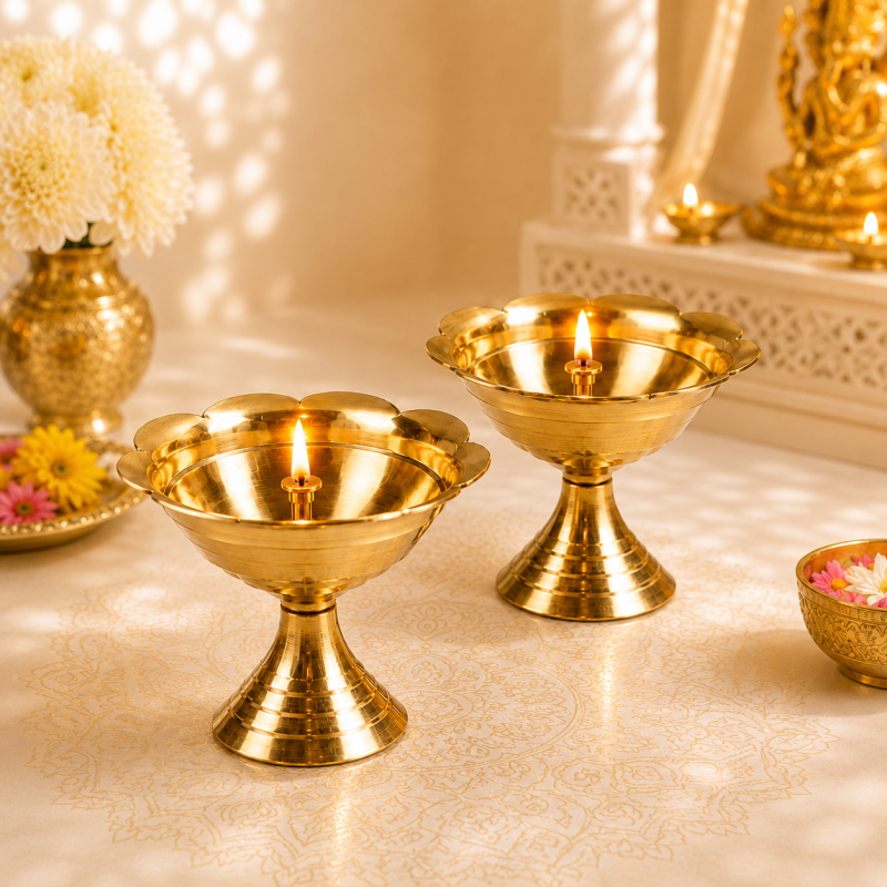 Brass Devdas Oil Lamp Diya | Akhand Jyoti Diya | Home Decorative Item | Oil Lamp for Puja, Home, Temple, and Office | Gift Item for Diwali and Housewarming | Set of 2