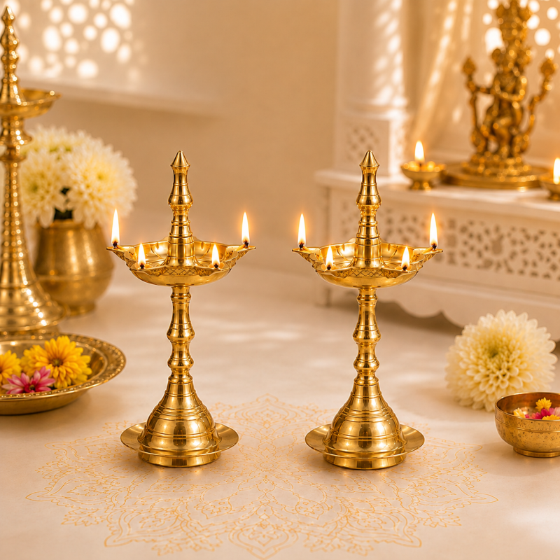 Diveek Brass Kerala Diya | Oil Lamp | Puja Deepam Stand | Decorative Diya for Home Decor, Temple, Office, and Puja Room | Gift Item | Set of 2