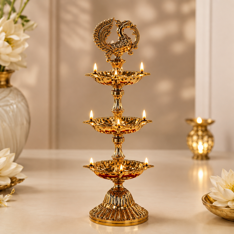 DIVEEK Pure Brass Peacock Design Diya | Premium Handcrafted Oil Lamp for Puja, Temple, Office, and Home Décor | Traditional Deepam for Festival, Diwali, and Gifting | Set of 1