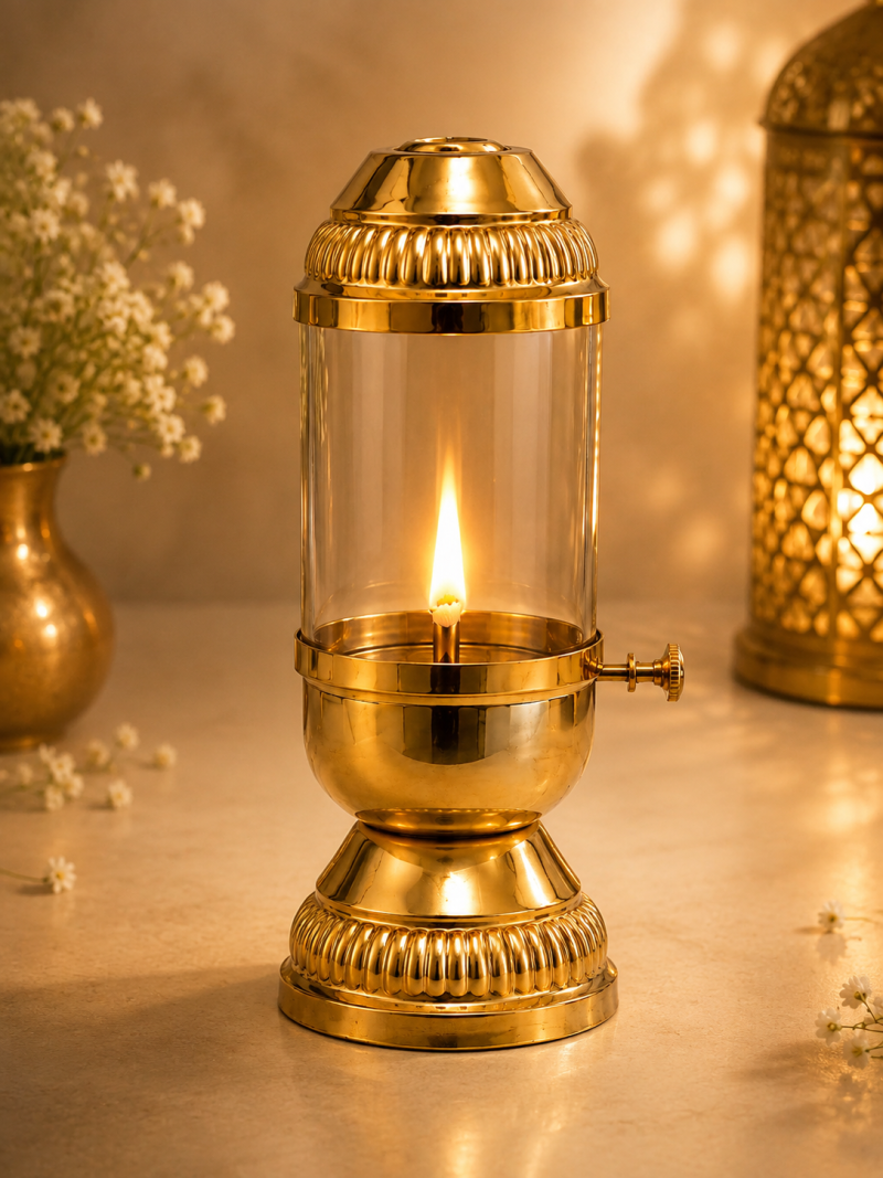 DIVEEk Brass Akhand Diya with Adjustable Wick | Glass Cover | Premium Handcrafted Oil Lamp for Puja, Temple, Office, and Home Décor | Traditional Deepam for Festival, Diwali, and Gifting | Set of 1