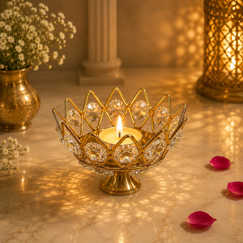 DIVEEK Pure Brass Crystal Pyali Akhand Jyoti Diya | Premium Handcrafted Oil Lamp for Puja, Temple, Office, and Home Décor | Traditional Deepam for Festival, Diwali, and Gifting | Set of 1