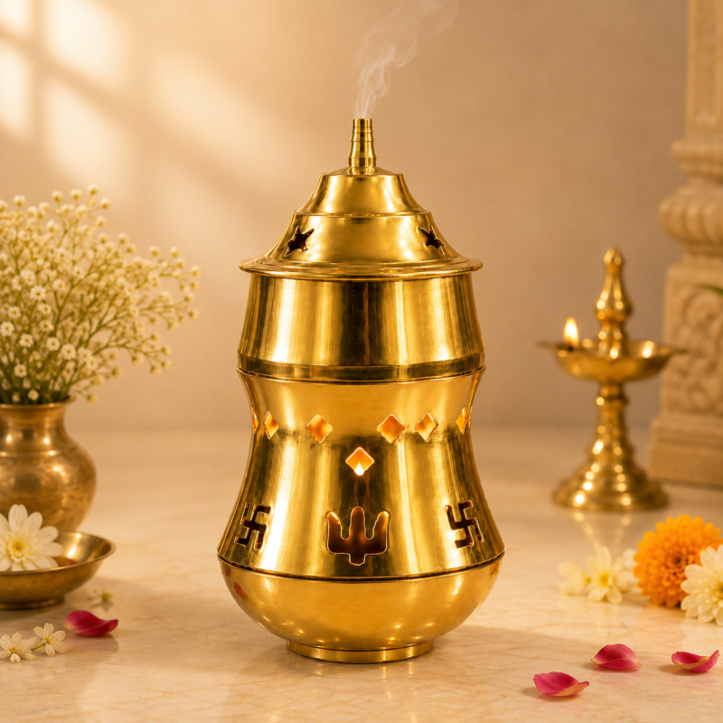 DIVEEK Pure Brass Camphor Aroma Burner with Diya | Traditional Kapoor Dani, Burner & Essential Oil | Diffuser for Home Temple, Meditation, Aromatherapy & Spiritual Décor | Set of 1