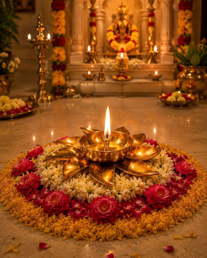 DIVEEK Pure Brass Flower Design Akhand Jyoti Diya | Premium Handcrafted Oil Lamp for Puja, Temple, Office, and Home Décor | Traditional Deepam for Festival, Diwali, and Gifting | Set of 1