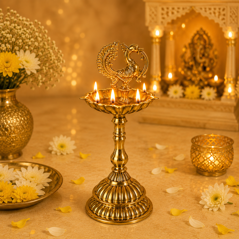 DIVEEK Pure Brass Peacock Design Diya | Premium Handcrafted Oil Lamp for Puja, Temple, Office, and Home Décor | Traditional Deepam for Festival, Diwali, and Gifting | Set of 1