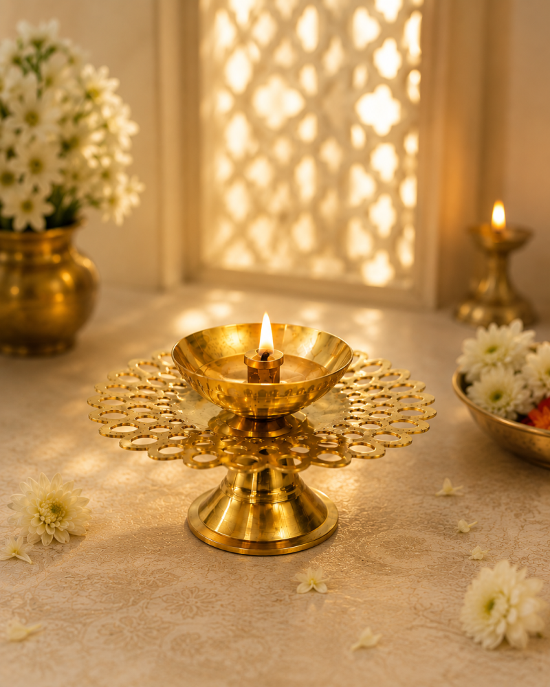 DIVEEK Pure Brass Pyali Akhand Jyoti Diya with Jali | Premium Handcrafted Oil Lamp for Puja, Temple, Office, and Home Décor | Traditional Deepam for Festival, Diwali, and Gifting | Set of 1