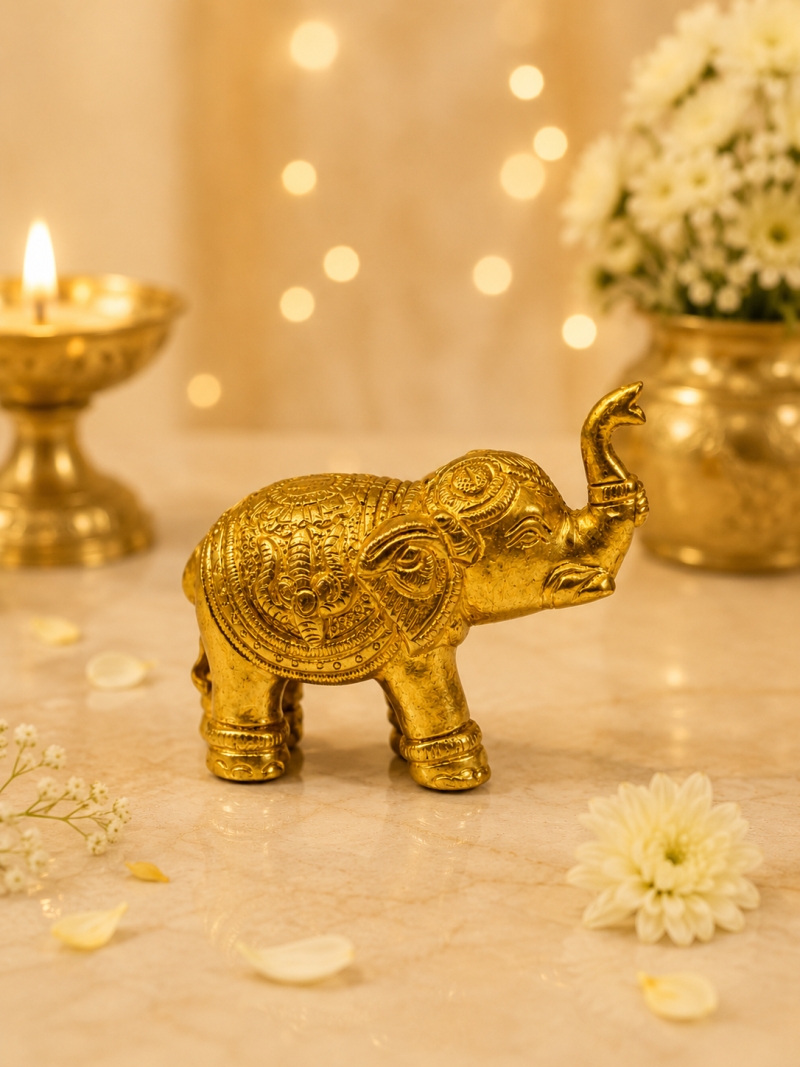 DIVEEK Pure Brass Elephant Idol Showpiece | Premium Handcrafted Idol for Puja, Temple, Office, and Home Décor | Traditional Murti for Festival, Diwali, and Gifting | Set of 1