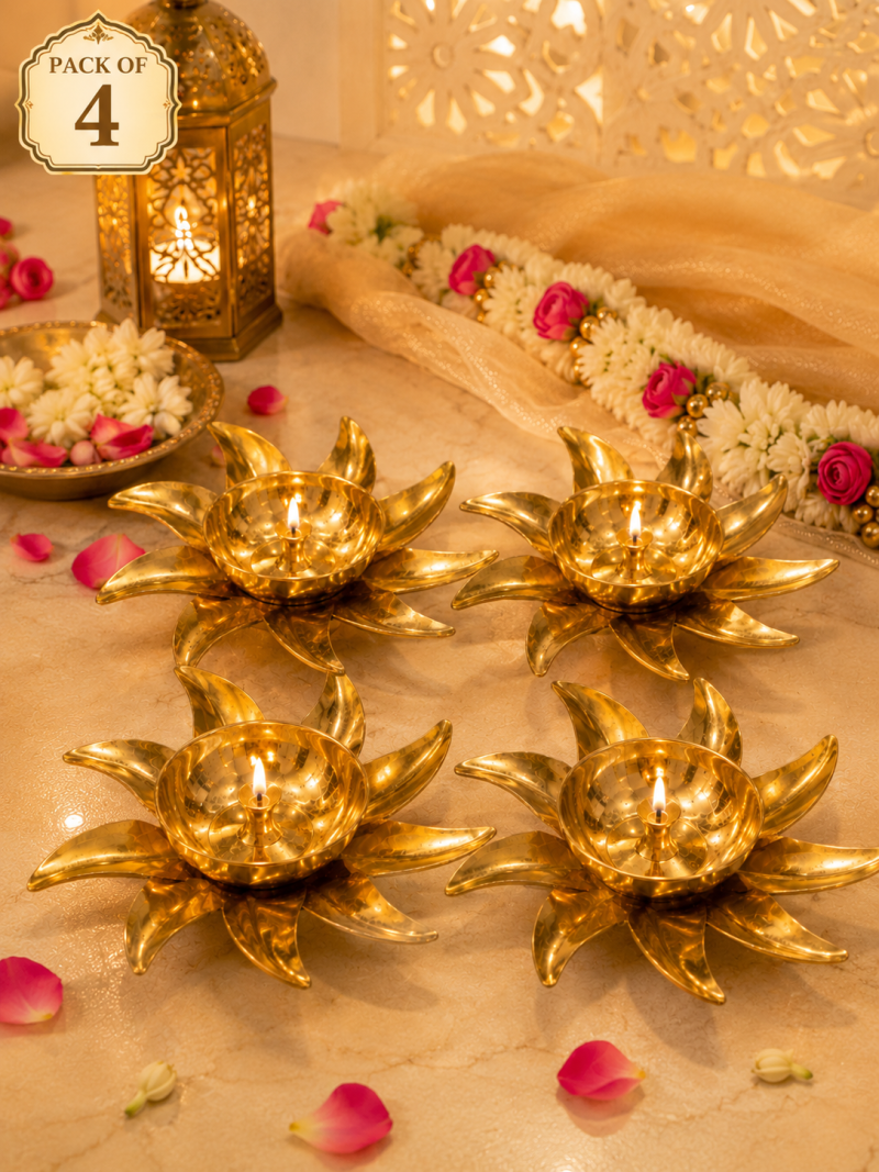 Pure Brass Flower Design Akhand Jyoti Diya | Premium Handcrafted Oil Lamp for Puja, Temple, Office, and Home Décor | Traditional Deepam for Festival, Diwali, and Gifting | Set of 4