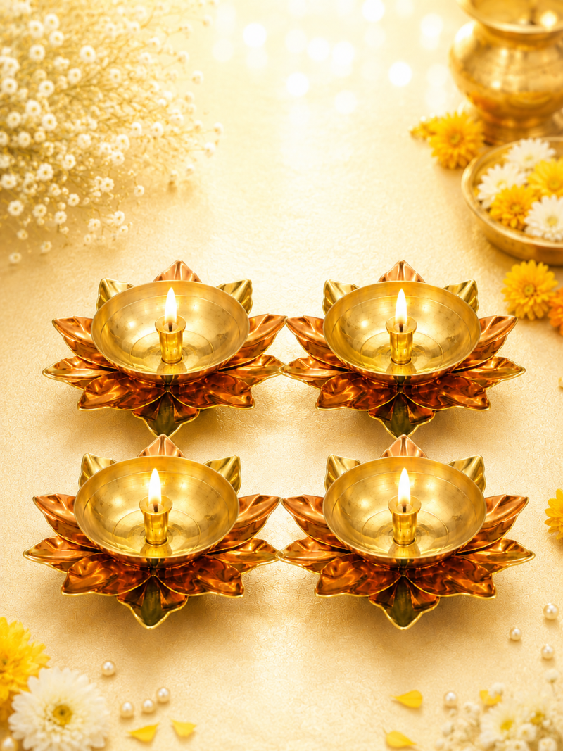 Pure Brass Kamal Akhand Jyoti Diya | Premium Handcrafted Oil Lamp for Puja, Temple, Office, and Home Décor | Traditional Deepam for Festival, Diwali, and Gifting | Set of 4
