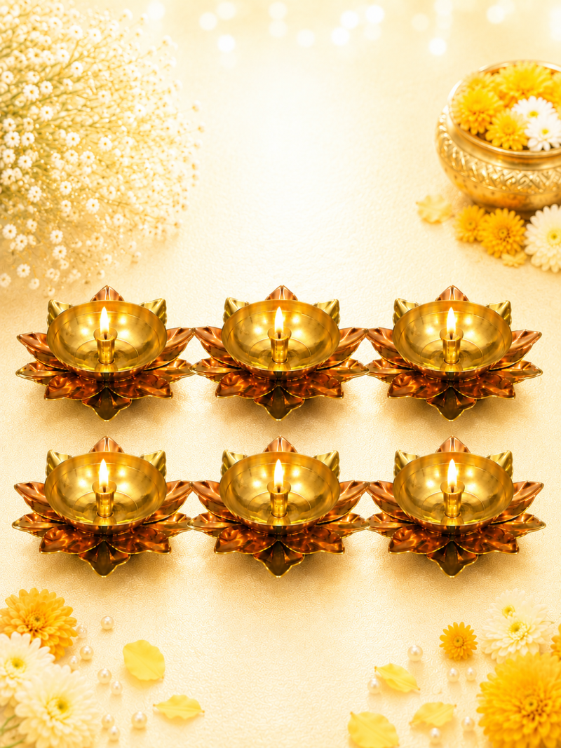 Pure Brass Kamal Akhand Jyoti Diya | Premium Handcrafted Oil Lamp for Puja, Temple, Office, and Home Décor | Traditional Deepam for Festival, Diwali, and Gifting | Set of 6