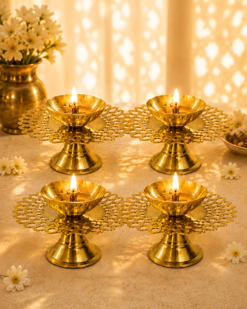 Pure Brass Pyali Akhand Jyoti Diya with Jali | Premium Handcrafted Oil Lamp for Puja, Temple, Office, and Home Décor | Traditional Deepam for Festival, Diwali, and Gifting | Set of 4