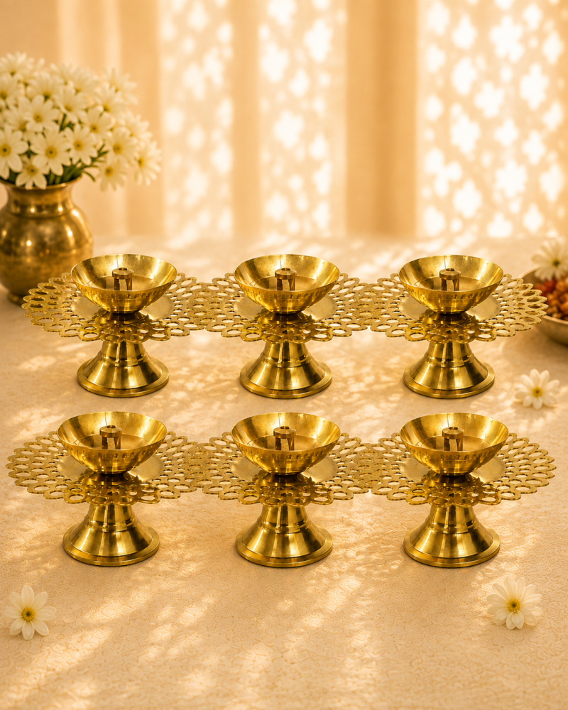 Pure Brass Pyali Akhand Jyoti Diya with Jali | Premium Handcrafted Oil Lamp for Puja, Temple, Office, and Home Décor | Traditional Deepam for Festival, Diwali, and Gifting | Set of 6