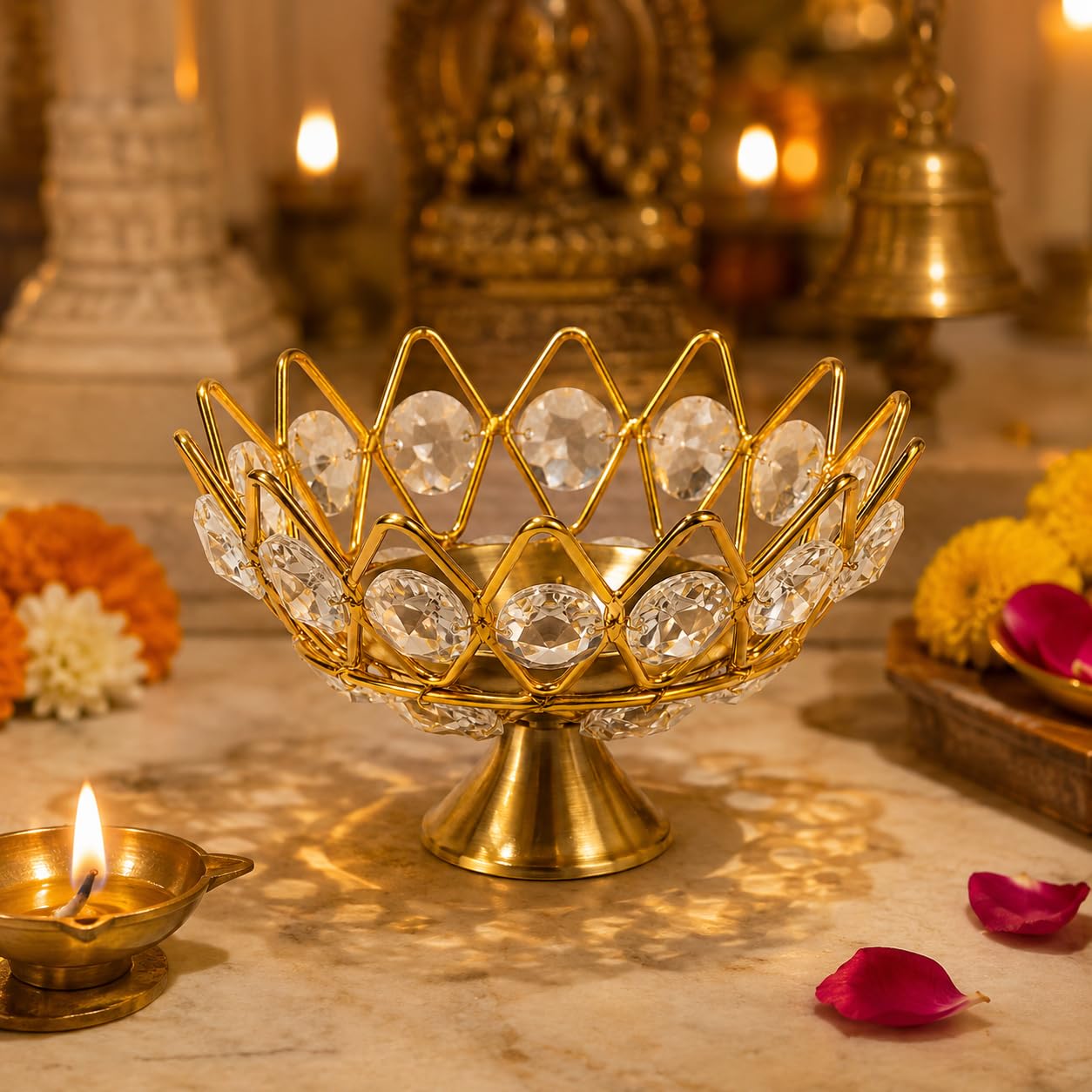 DIVEEK Pure Brass Crystal Pyali Akhand Jyoti Diya | Premium Handcrafted Oil Lamp for Puja, Temple, Office, and Home Décor | Traditional Deepam for Festival, Diwali, and Gifting | Set of 1